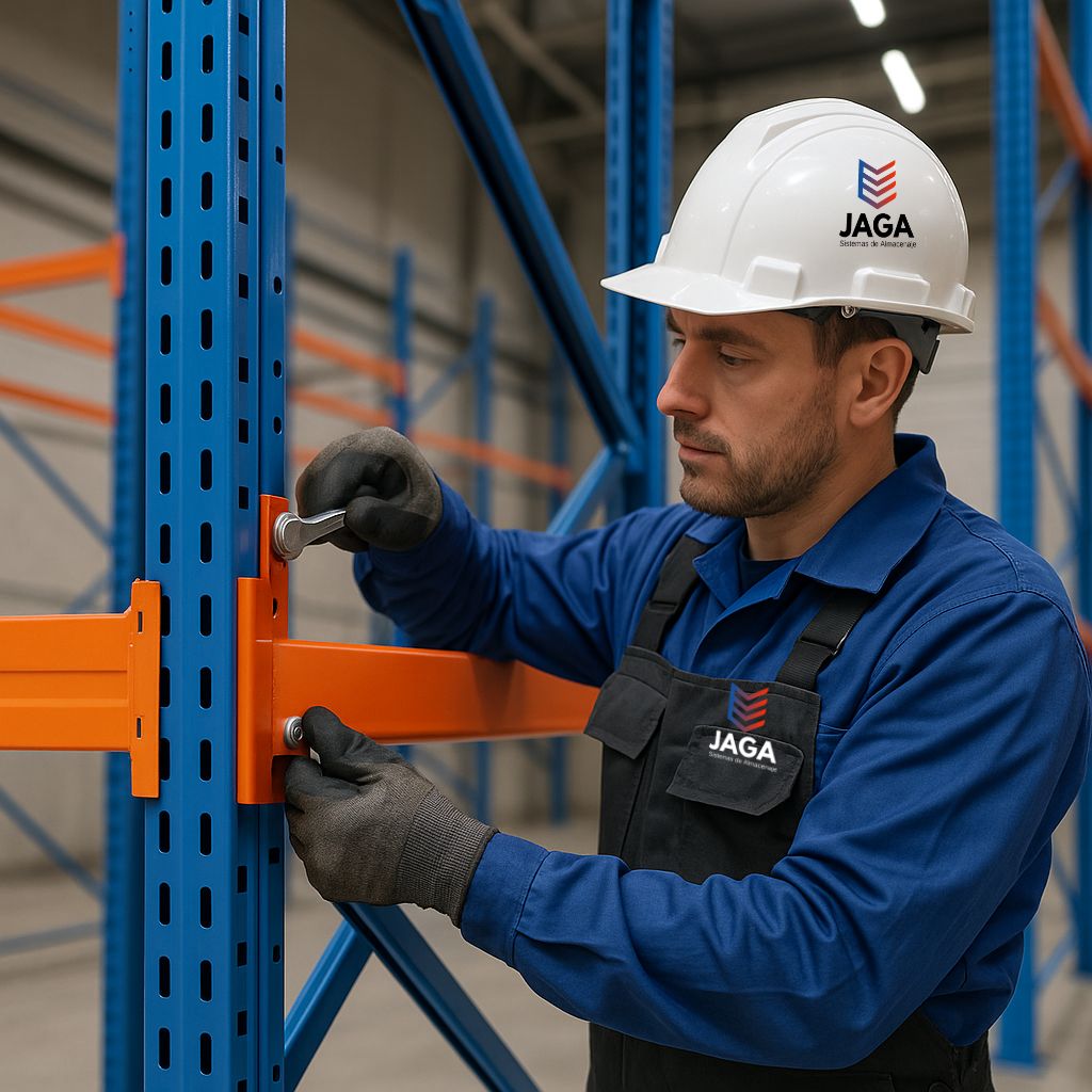 Técnico de JAGA ajustando la viga de un rack industrial durante una instalación